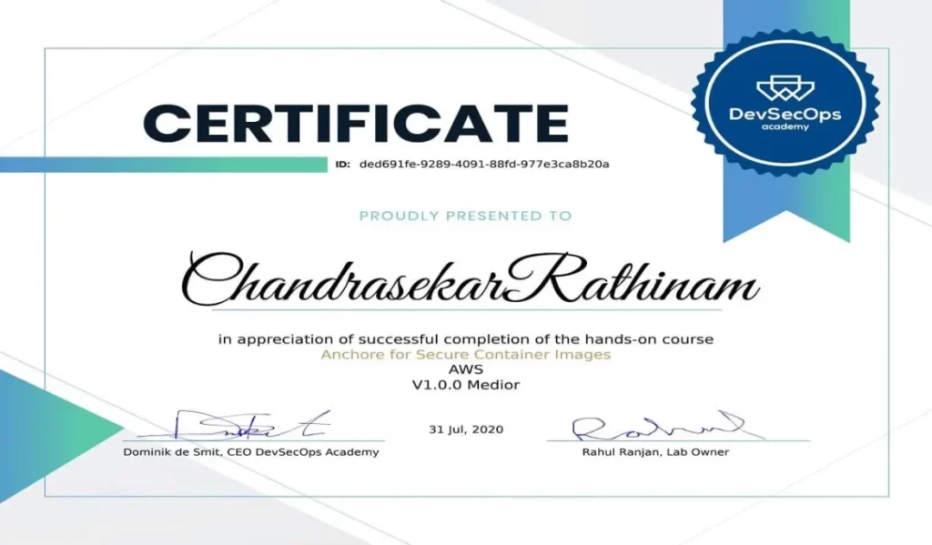 Anchore for Secure Container Images - AWS certificate awarded to Chandrasekar Rathinam