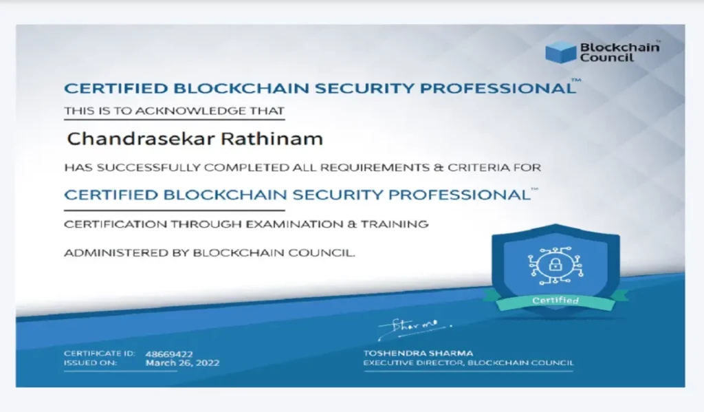 Certified Blockchain Security Professional certificate awarded to Chandrasekar Rathinam