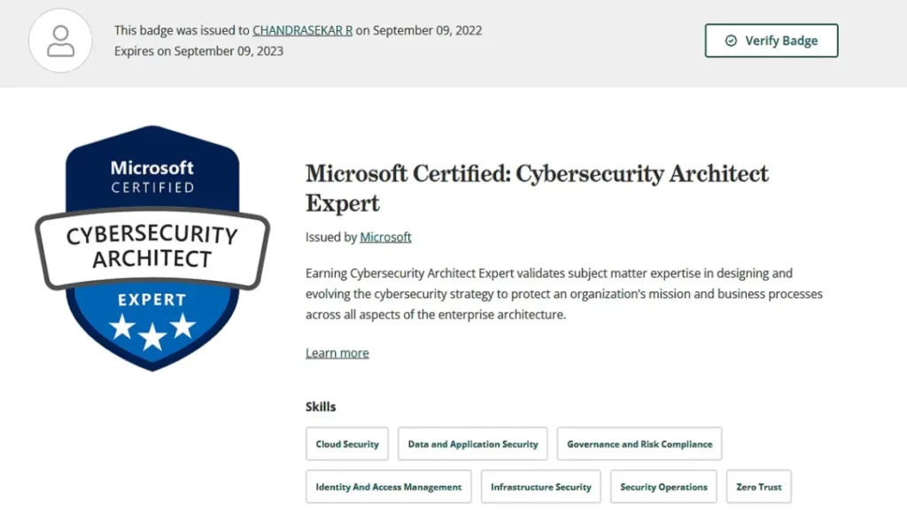 Cybersecurity Architect Expert certificate awarded to Chandrasekar Rathinam