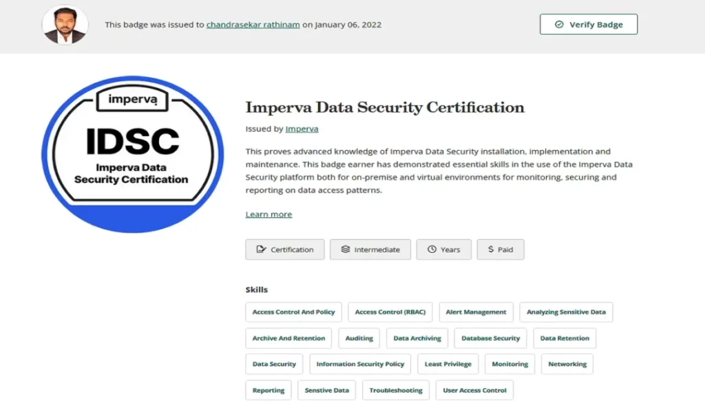 Imperva Data Security Certification certificate awarded to Chandrasekar Rathinam
