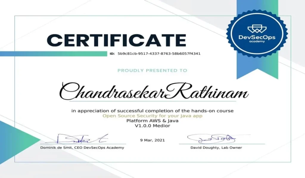 Open Source Security certificate awarded to Chandrasekar Rathinam