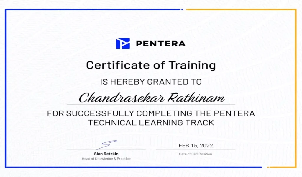 Pentera Technical Learning Track certificate awarded to Chandrasekar Rathinam