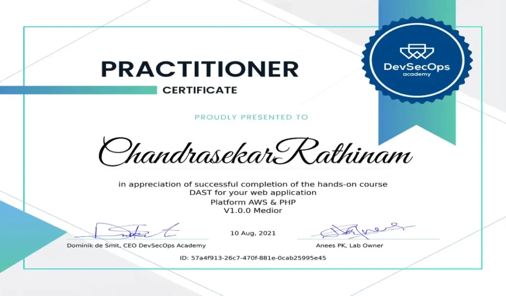 Practitioner Certificate certificate awarded to Chandrasekar Rathinam