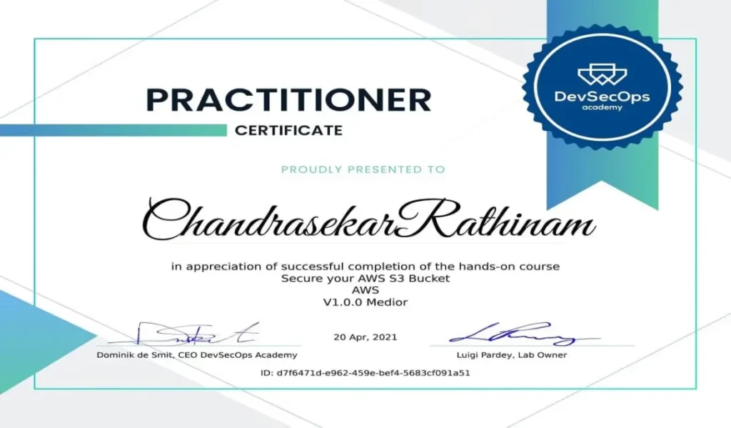 Practitioner Certificate - AWS S3 Bucket certificate awarded to Chandrasekar Rathinam