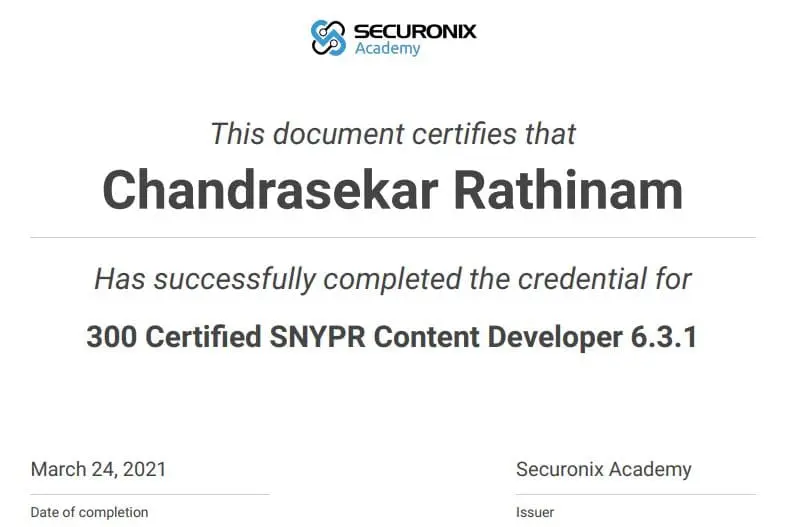 SNYPR Content Developer certificate awarded to Chandrasekar Rathinam