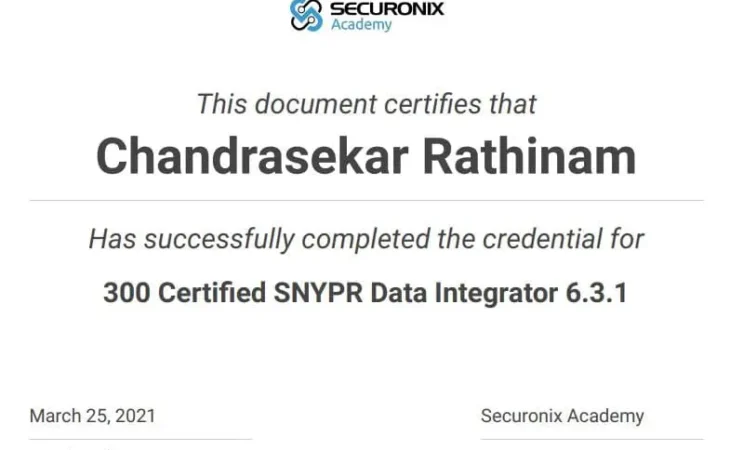 SNYPR Data Integrator certificate awarded to Chandrasekar Rathinam