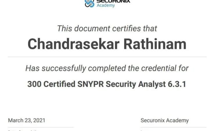 SNYPR Security Analyst certificate awarded to Chandrasekar Rathinam