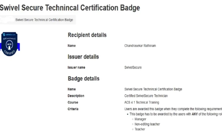 Swivel Secure Technical Certification certificate awarded to Chandrasekar Rathinam
