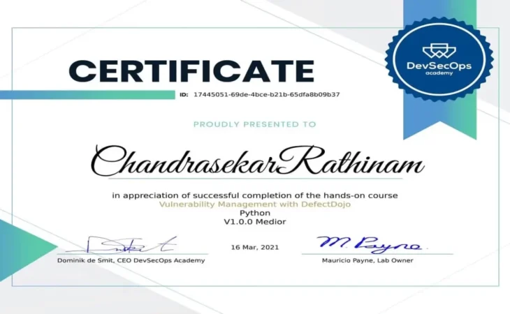 Vulnerability Management certificate awarded to Chandrasekar Rathinam